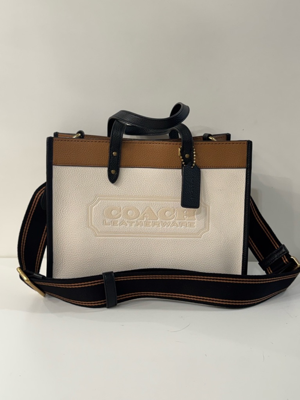 Coach Two-Tone White, Brown & Black Leather Tote Messenger